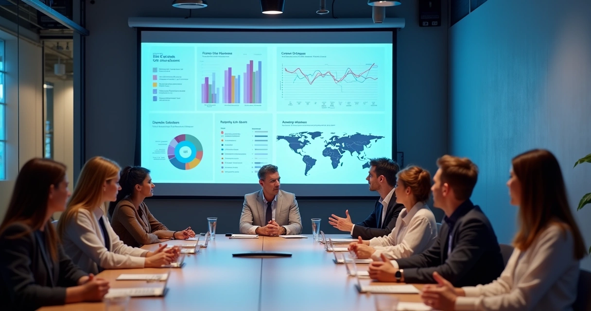 Reunião de equipe discutindo resultados de pesquisas pulse em um escritório moderno 