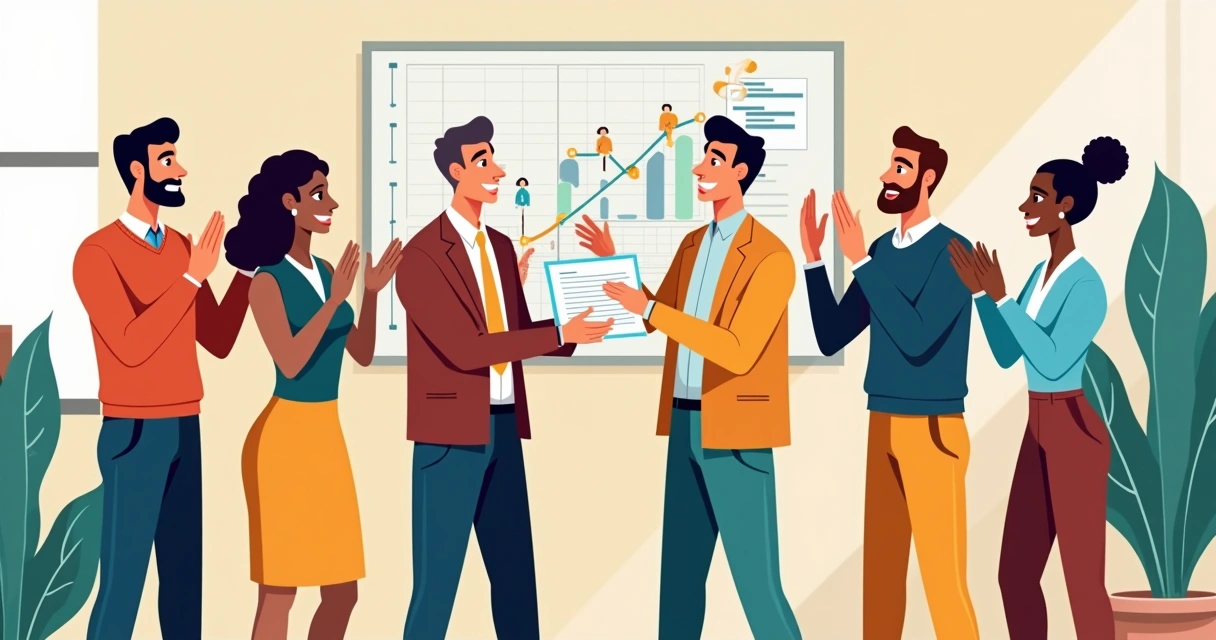 Equipe comercial comemorando promoção de colega 