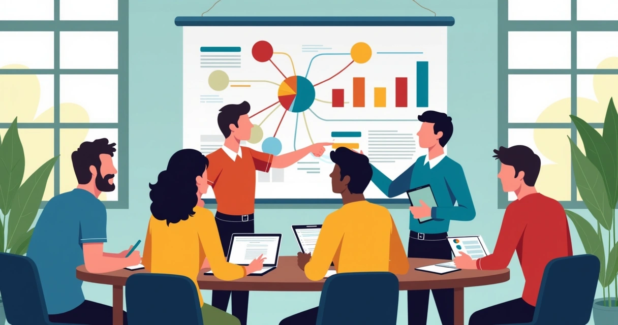 Equipe de comunicação reunida analisando dados em notebooks e flipchart