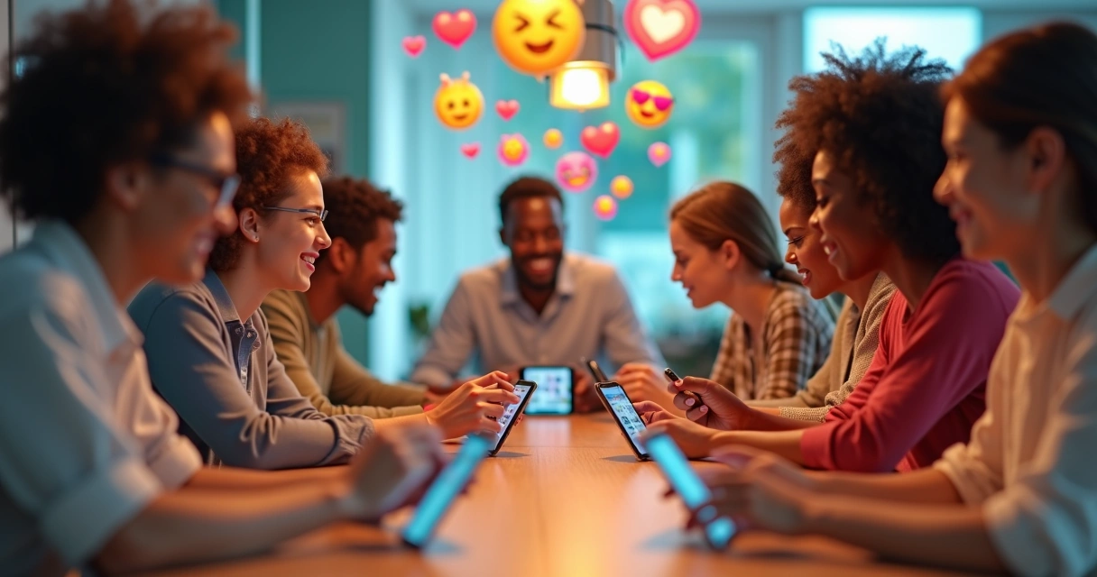 Grupo interagindo com smartphones e emojis ao redor 