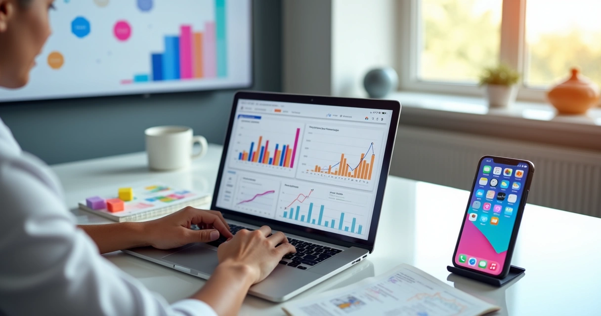 Profissional analisando métricas de engajamento nas redes sociais em notebook e smartphone 