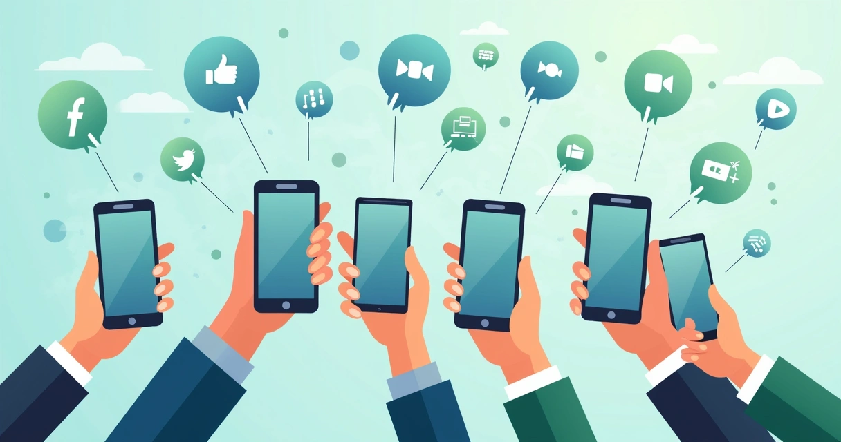 Mãos segurando celulares com ícones de redes sociais ao redor