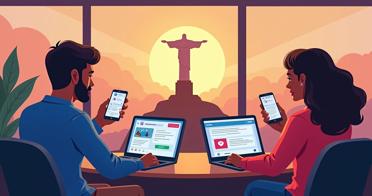 Equipe gerenciando redes sociais eleitorais com visual do Cristo Redentor 