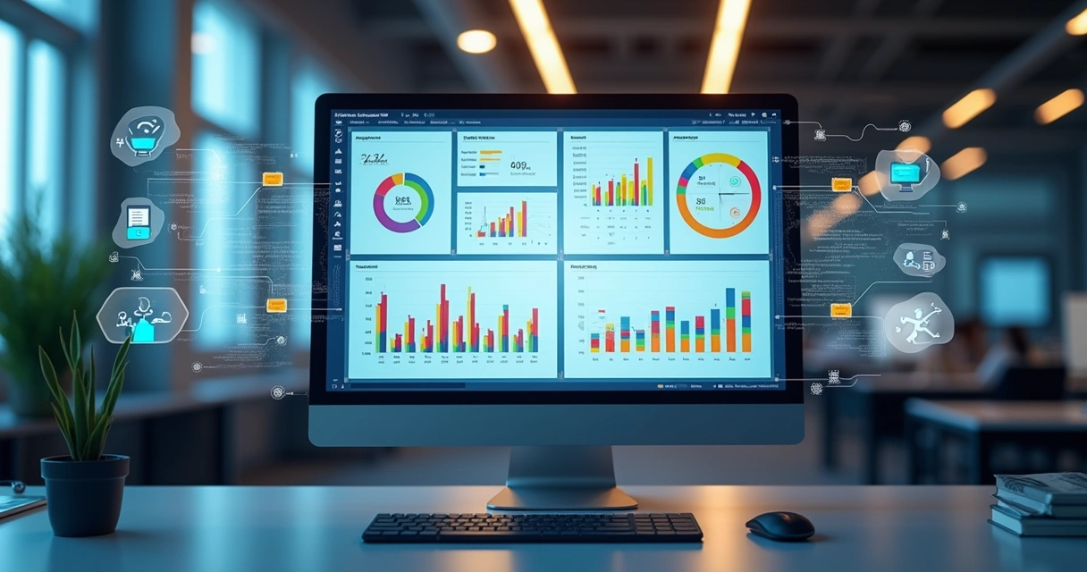 Tela de computador exibindo gráficos detalhados de sinais de intenção para vendas B2B, com dashboard integrado e automação ativa 
