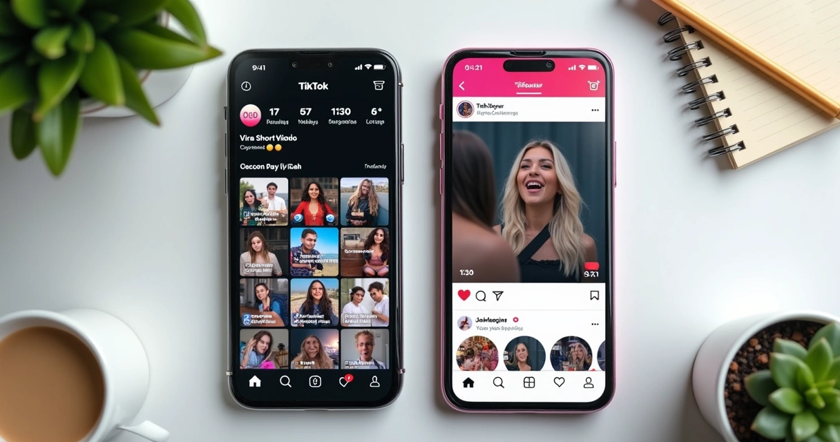 Telas de smartphone exibindo cortes curtos com muitos likes e comentários 