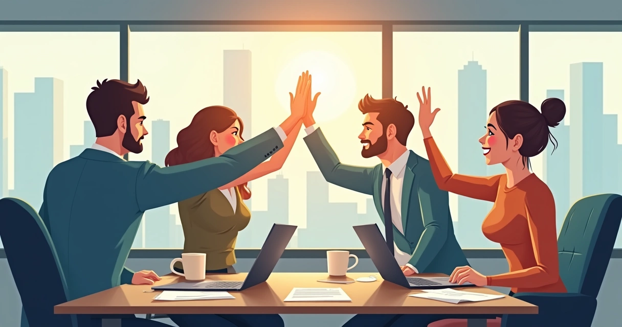 Colaboradores comemorando meta atingida com high-five em ambiente de escritório moderno. 