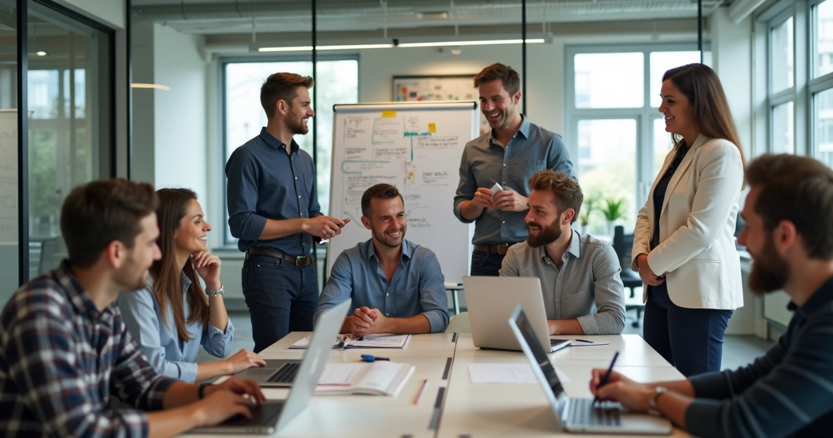 Equipe diversificada sorrindo em ambiente de trabalho moderno 