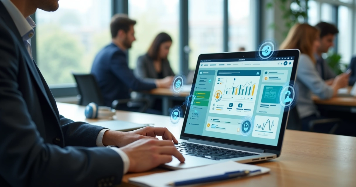 Colaborador interagindo com plataforma LMS em notebook cercado de ícones de progresso e gamificação 