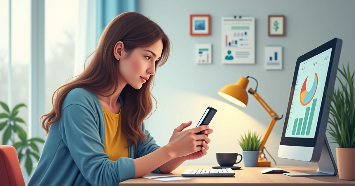 Mulher jovem analisando engajamento de usuários pelo celular 
