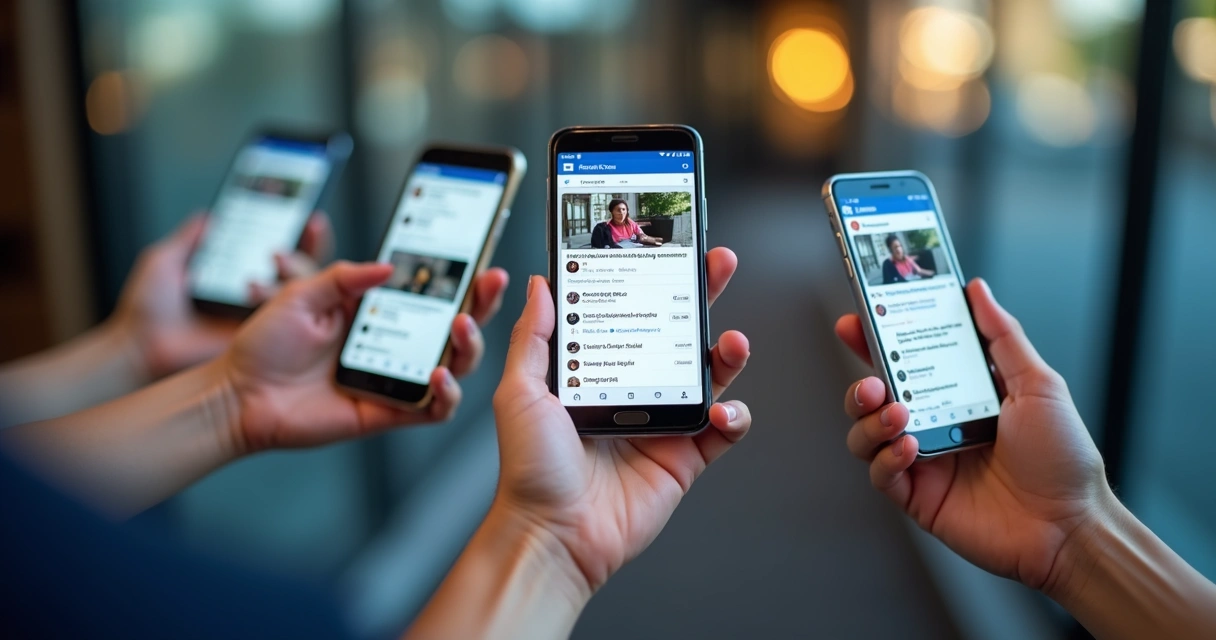 Pessoas interagindo com vídeos em página do Facebook no smartphone