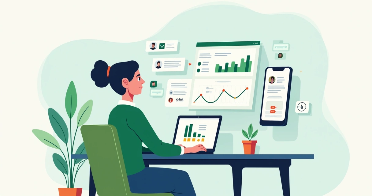 Gestor analisando gráficos de engajamento no WhatsApp no computador e no celular 