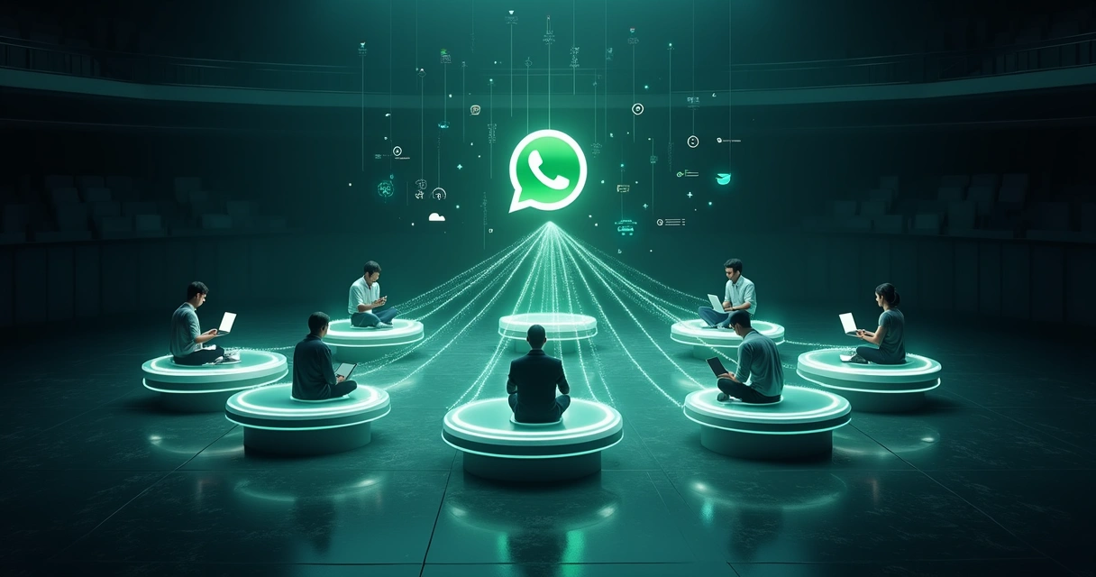 Equipes comerciais em anel luminoso conectadas por IA a conversas no WhatsApp 