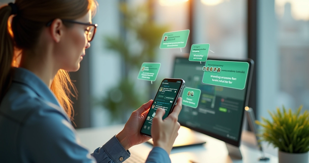 Pessoa usando smartphone com vários grupos de WhatsApp recebendo mensagens interativas 