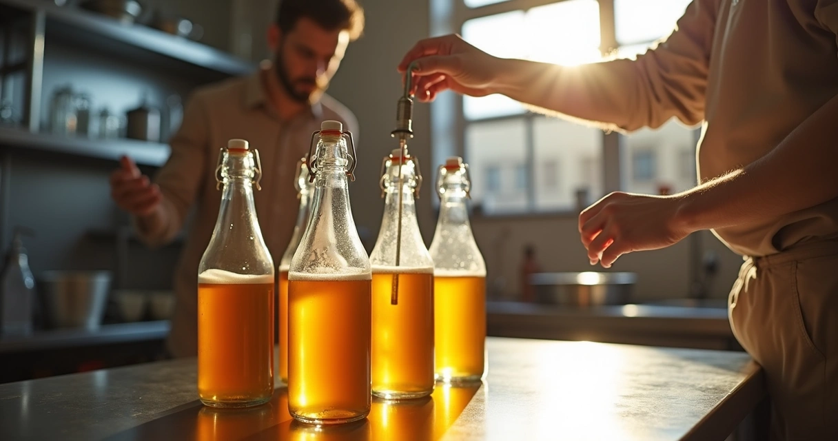 Pessoa engarrafando cerveja em garrafas limpas 