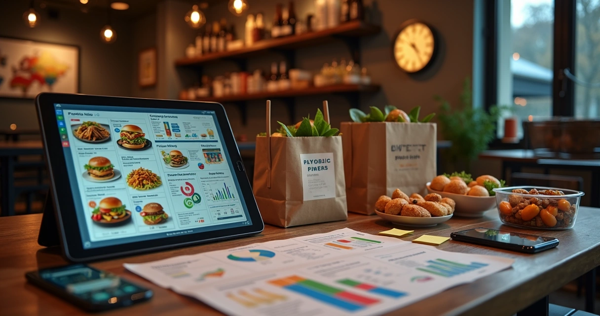 Mesa com cardápio digital, embalagens de delivery e gráficos de desempenho de vendas 