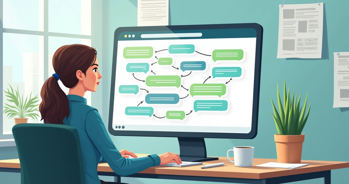 Engenheiro analisando fluxos de conversa em tela grande 
