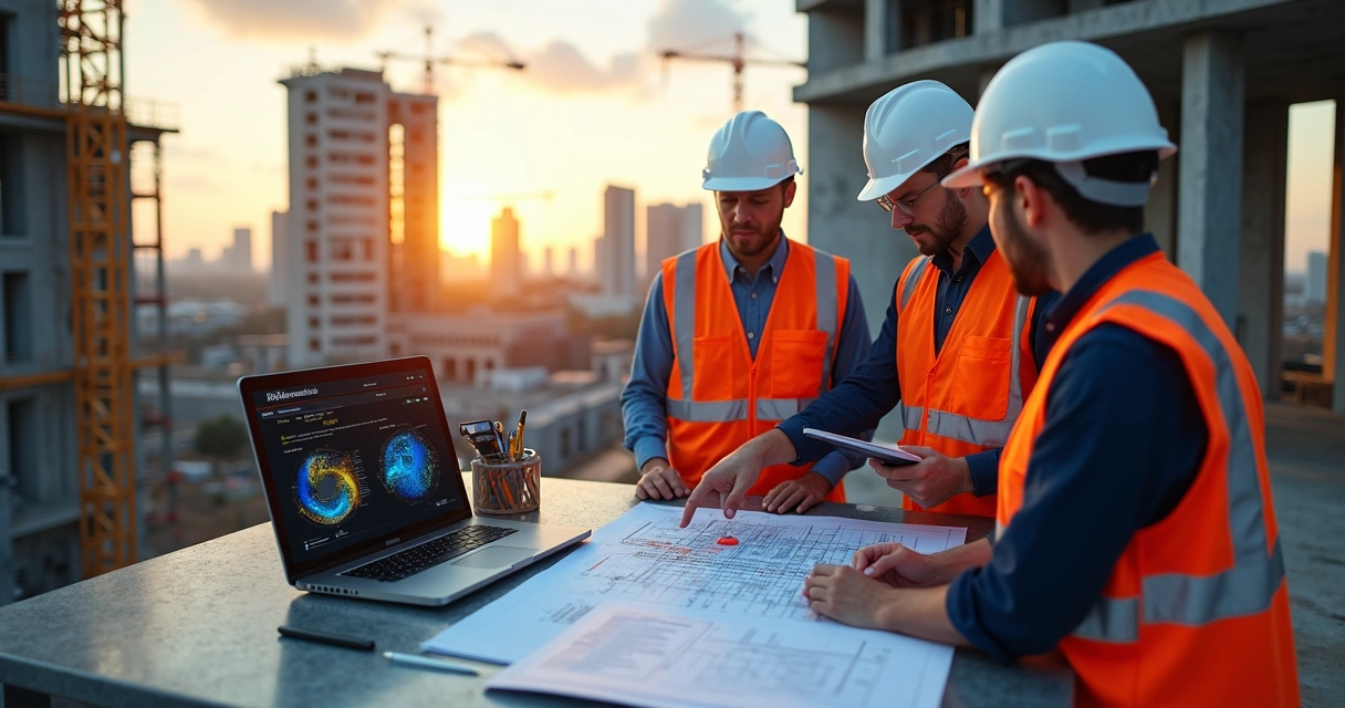 Engenheiros analisando dados preditivos em obra de engenharia civil 