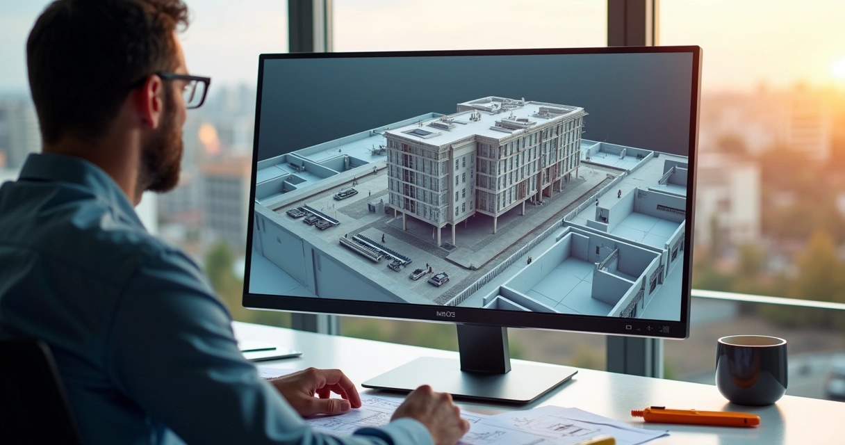 Engenheiro civil analisando projeto 3D na tela do computador 