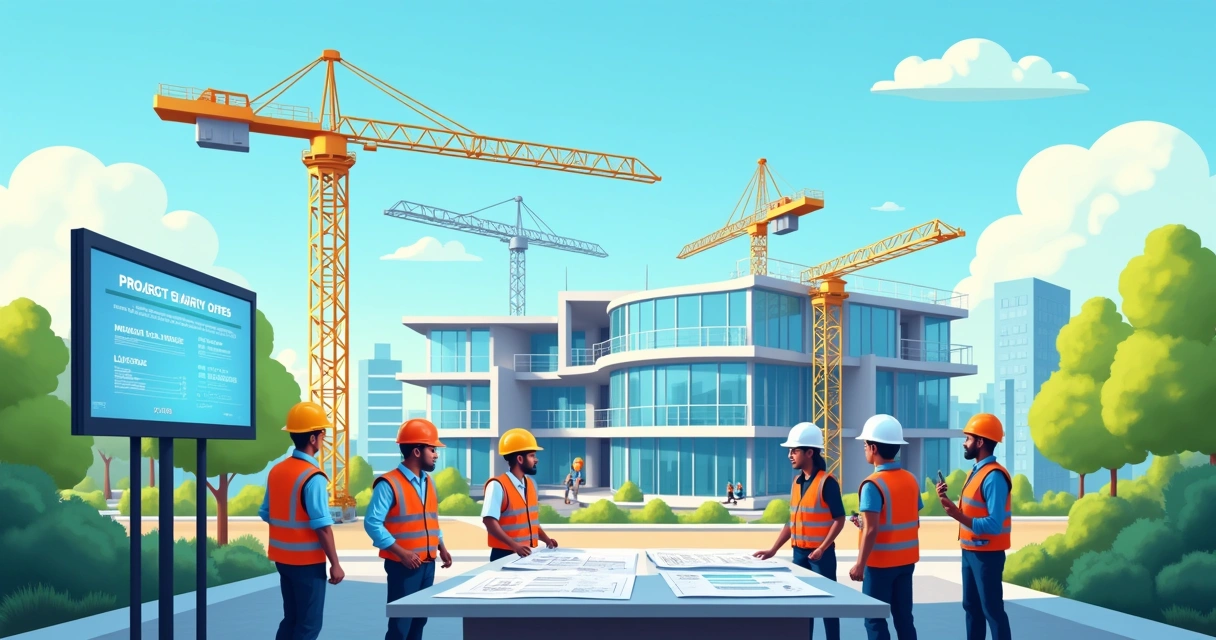 Ilustração de uma equipe de engenharia civil em um canteiro de obras corporativo, com gráficos e materiais sustentáveis.