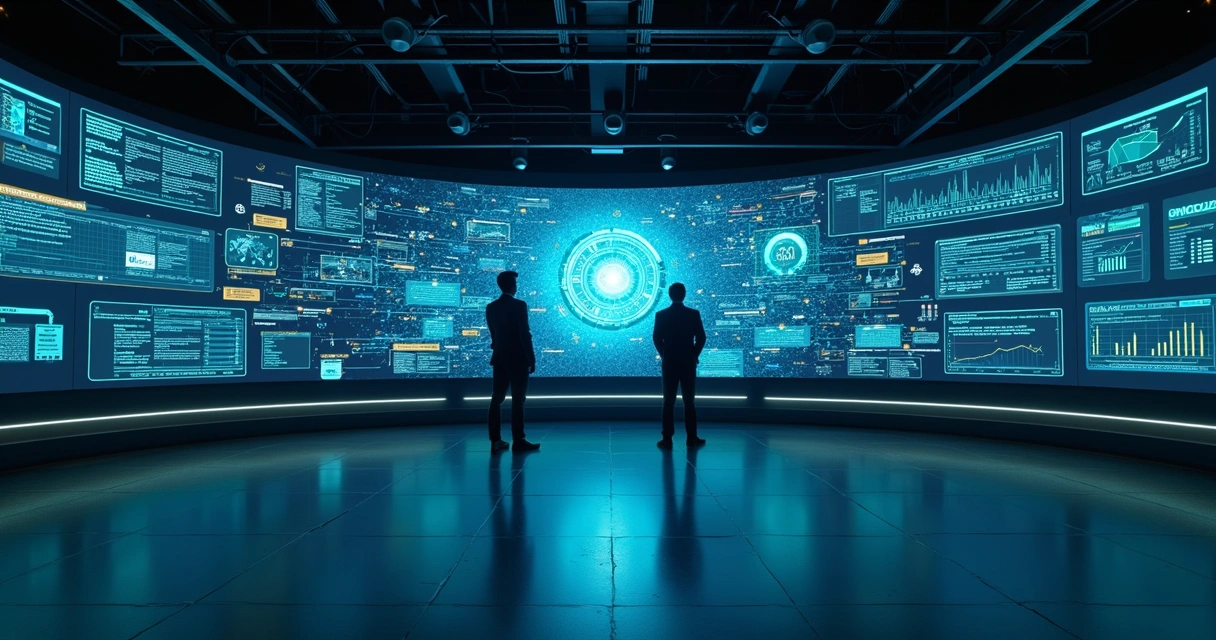 Painel de controle de IA exibindo fluxo de dados e contexto organizado em ambiente corporativo 