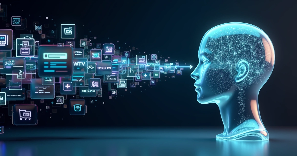 Visual 3D de painel de dados corporativos se transformando em features para IA 