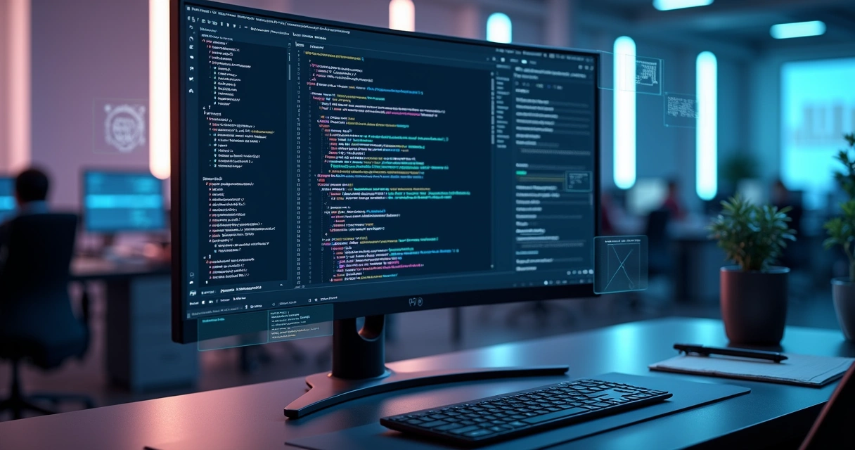 Tela de computador mostrando código complexo de engenharia de prompt com gráficos e fluxogramas detalhados no fundo 