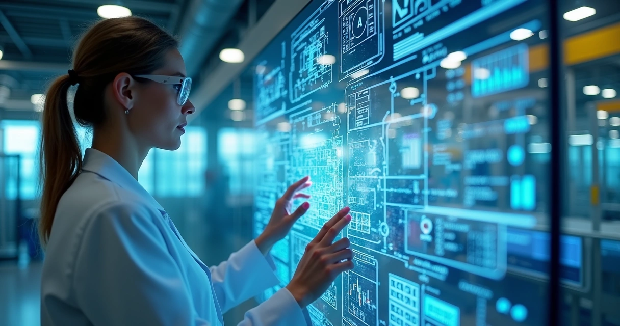 Engenheira analisa representação digital de uma fábrica com gráficos e dados projetados em tela touch 