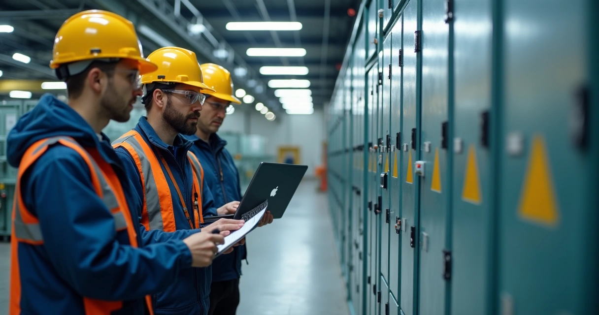 Equipe de engenheiros revisando painel elétrico industrial