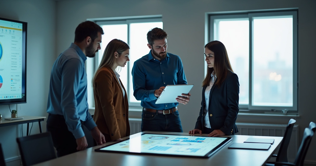 Equipe de engenharia reunida analisando relatórios digitais em tablet 