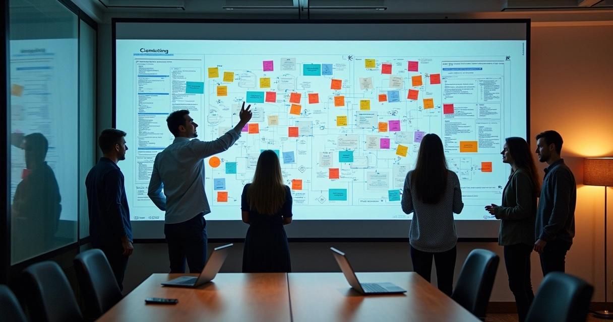 Diagrama colorido de fluxos, dados e pessoas colaborando em telas grandes 