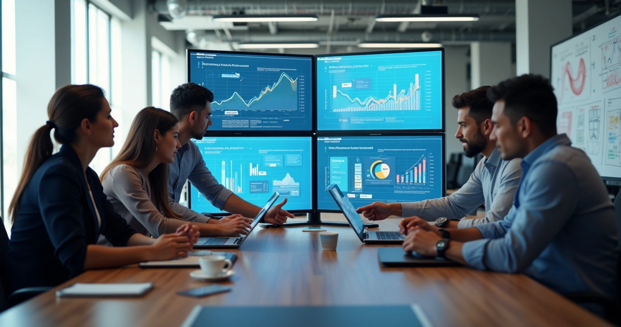 Equipe de profissionais de marketing e vendas analisando telas com gráficos e dados em ambiente corporativo moderno e iluminado 