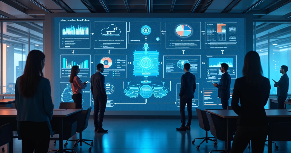 Fluxo de trabalho IA corporativo em monitor com gráficos 