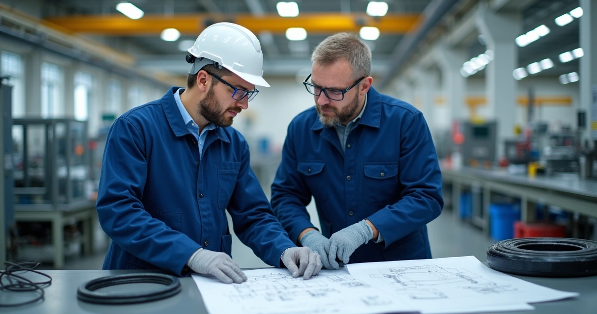 Engenheiro e técnico analisam peças de vedação em ambiente industrial. 