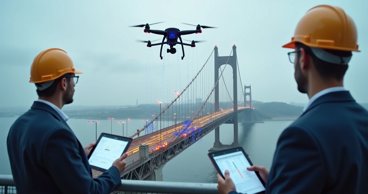 Modelo 3D de ponte sendo inspecionada com análise de pontos coloridos 