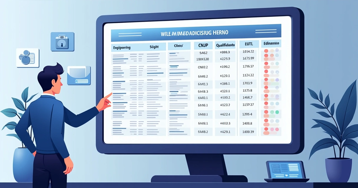 Visualização de dados e lista cadastral de empresas de engenharia em tela de computador 
