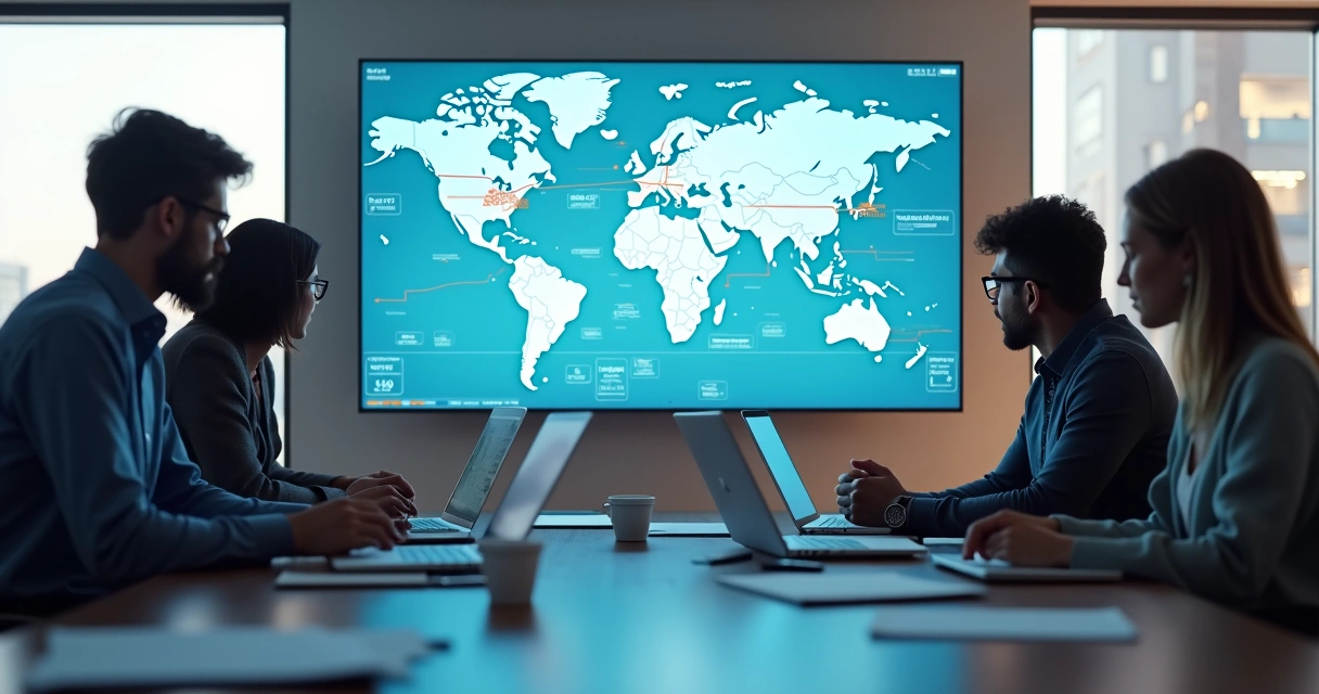 Equipe analisando rota logística em mapa digital em tela gigante 