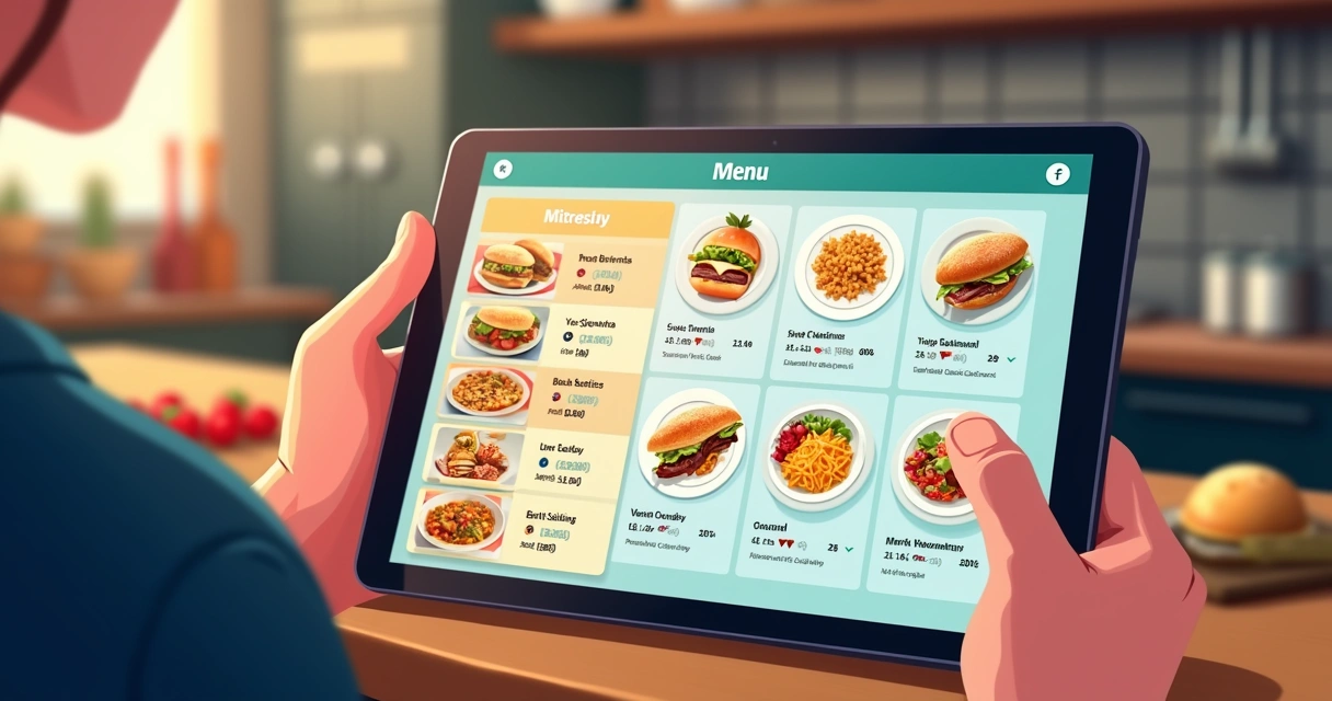 Ilustração de um cardápio digital com marcas diferentes de comida lado a lado 
