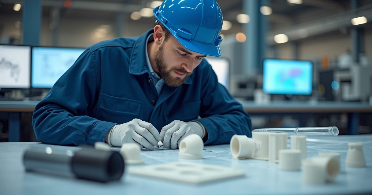 Engenheiro conferindo peças plásticas industriais em fábrica 