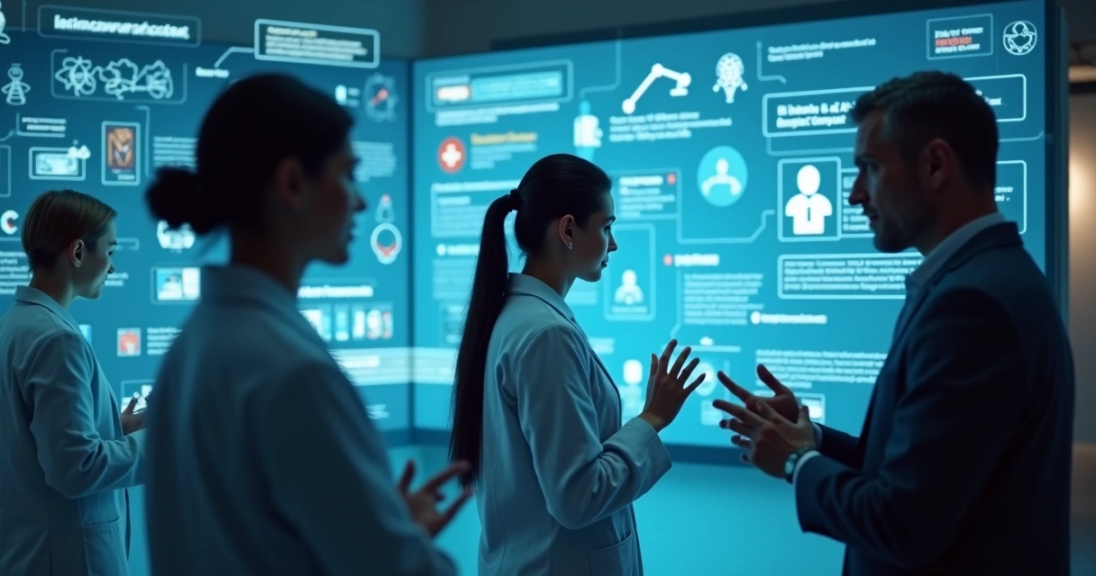 Representação visual de profissionais de educação, saúde e gestão interagindo com telas digitais exibindo prompts e respostas da IA 