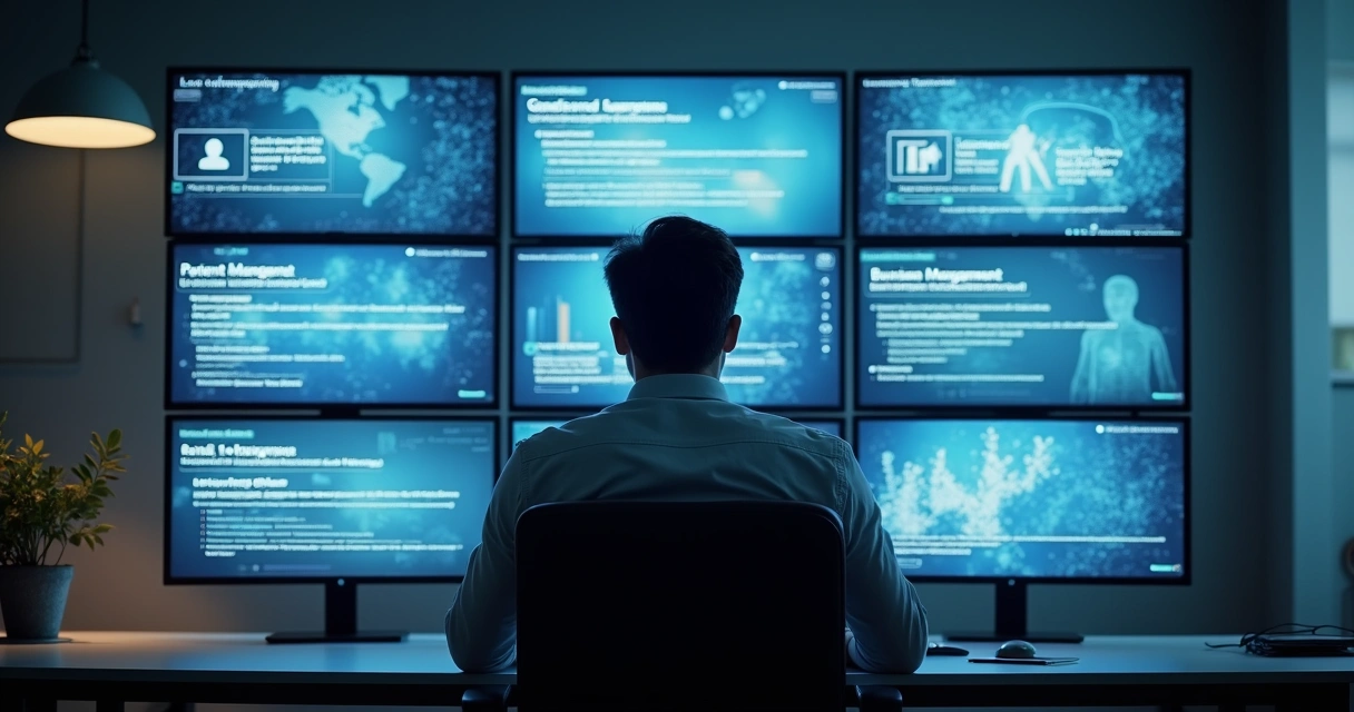Profissional em frente ao computador ajustando diferentes prompts em painéis representando educação, saúde e gestão 