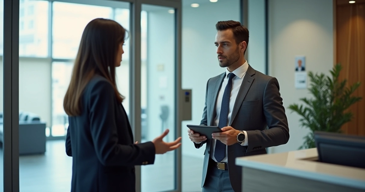 Profissional tentando enganar recepcionista em empresa para acesso não autorizado 