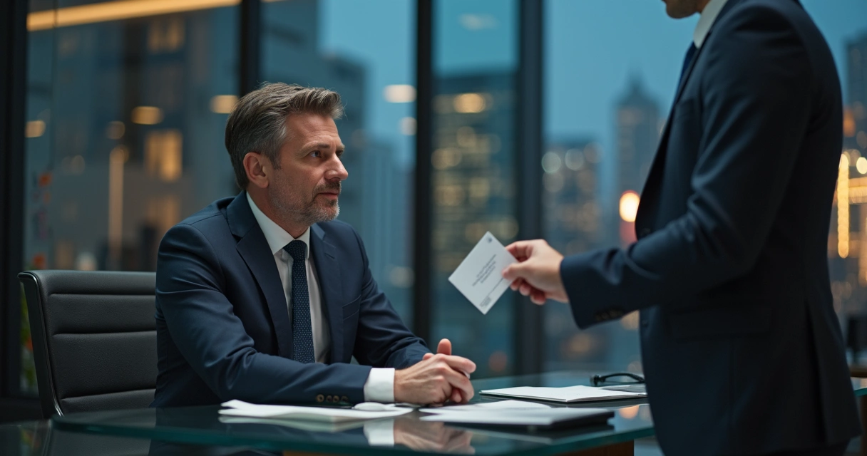 Executivo sendo abordado por pessoa desconhecida em escritório moderno 