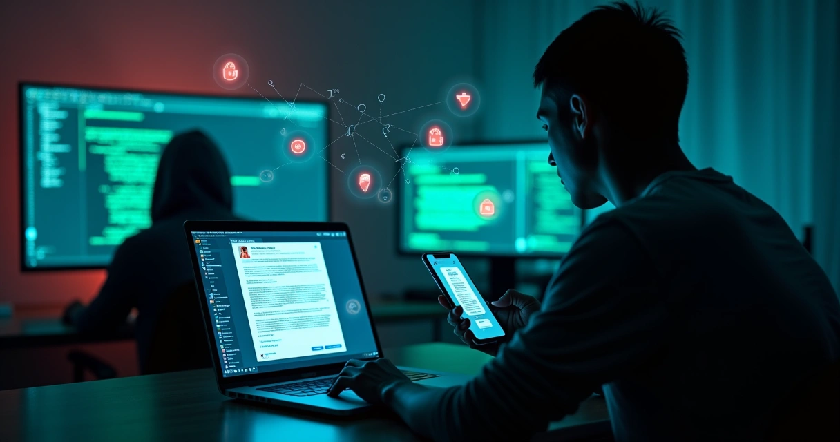 Hacker controlando vítima por mensagens em um ambiente digital escuro 