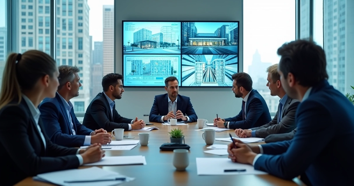 Equipe de vendas analisando dados de mercado em uma sala de reuniões 