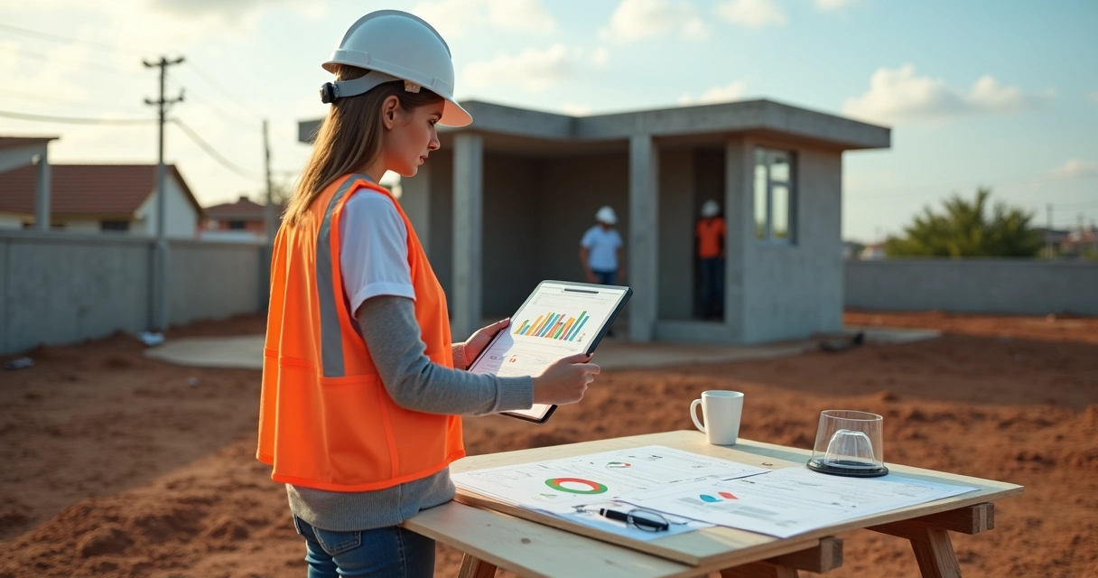 Engenheira observa construção de casa enquanto analisa projeto de financiamento 