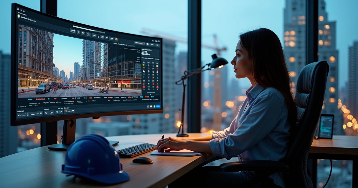 Engenheira ajustando vídeo time-lapse de obra com painéis de IA na tela 