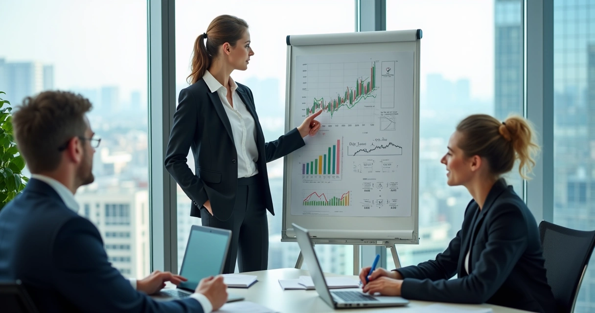 Engenheira mostra gráfico para duas pessoas, quadro branco com gráficos e equações ao fundo