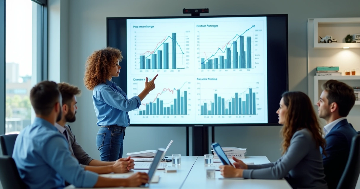 Engenheira apresentando investimentos para equipe 