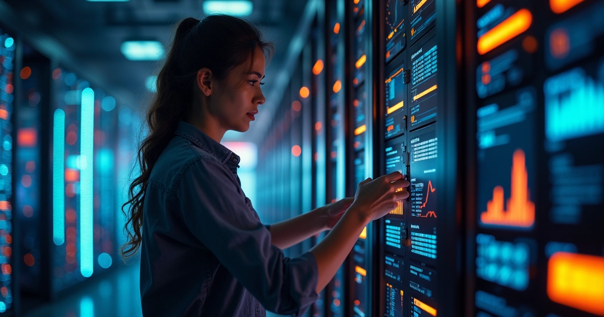 Engenheira brasileira organizando dados em frente a servidores