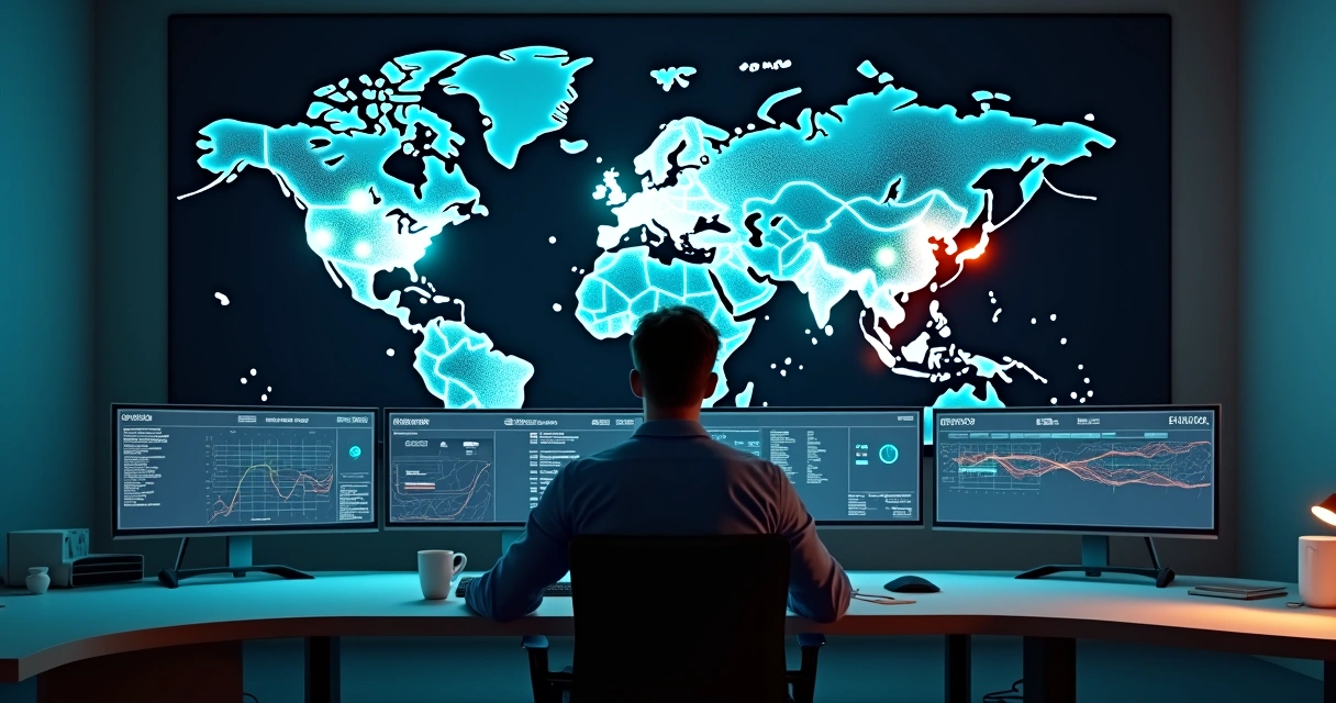 Engenheiro analisa painel IoT com alertas em mapa de sensores conectados 